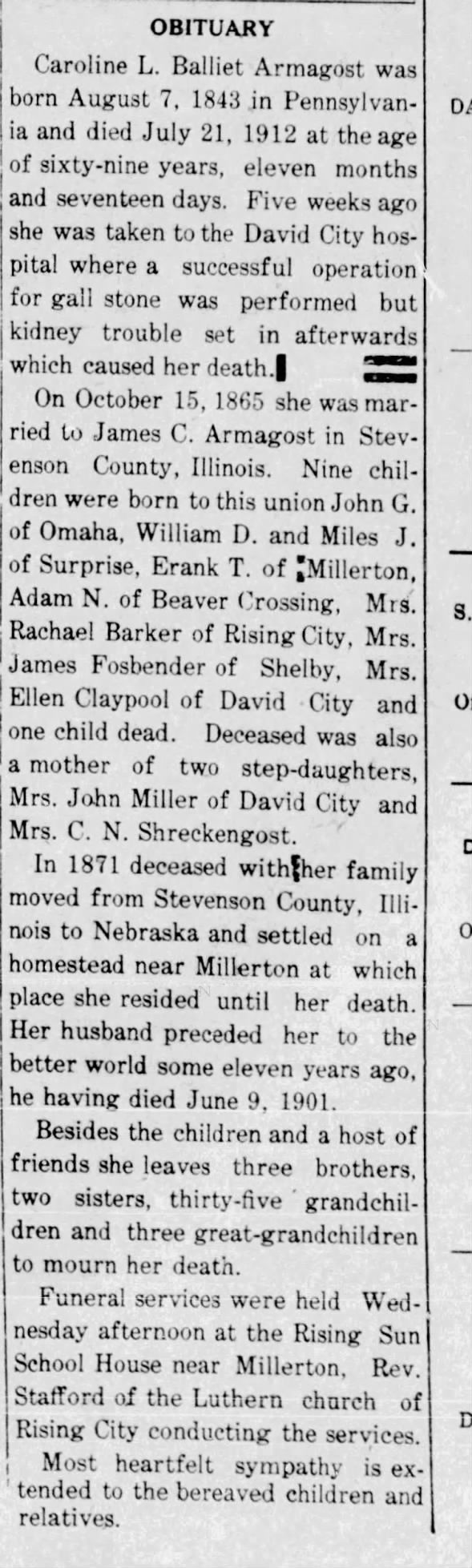Carolyn L. Balliet Armagost obituary 1912